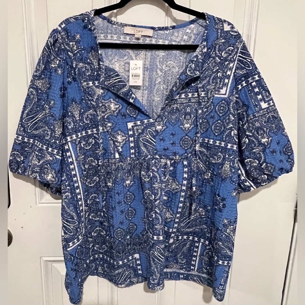 NWT! Loft Blue Bandana Paisley Balloon Sleeve Textured Blouse Size XXL Women’s - Picture 2 of 13